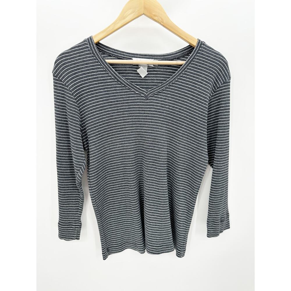 Fresh Produce Womens L Gray Striped V Neck 3/4 Sleeve Fitted Top Coastal Casual